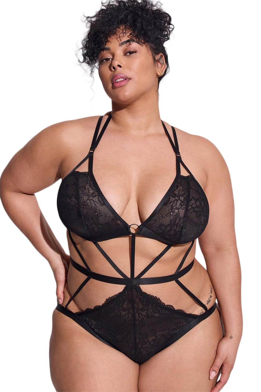 Black Plus Size Lace Strappy Caged Teddy Lingerie