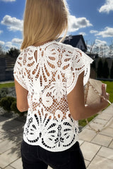 White Lace Crochet Hollow-out Flutter Sleeve T-Shirt