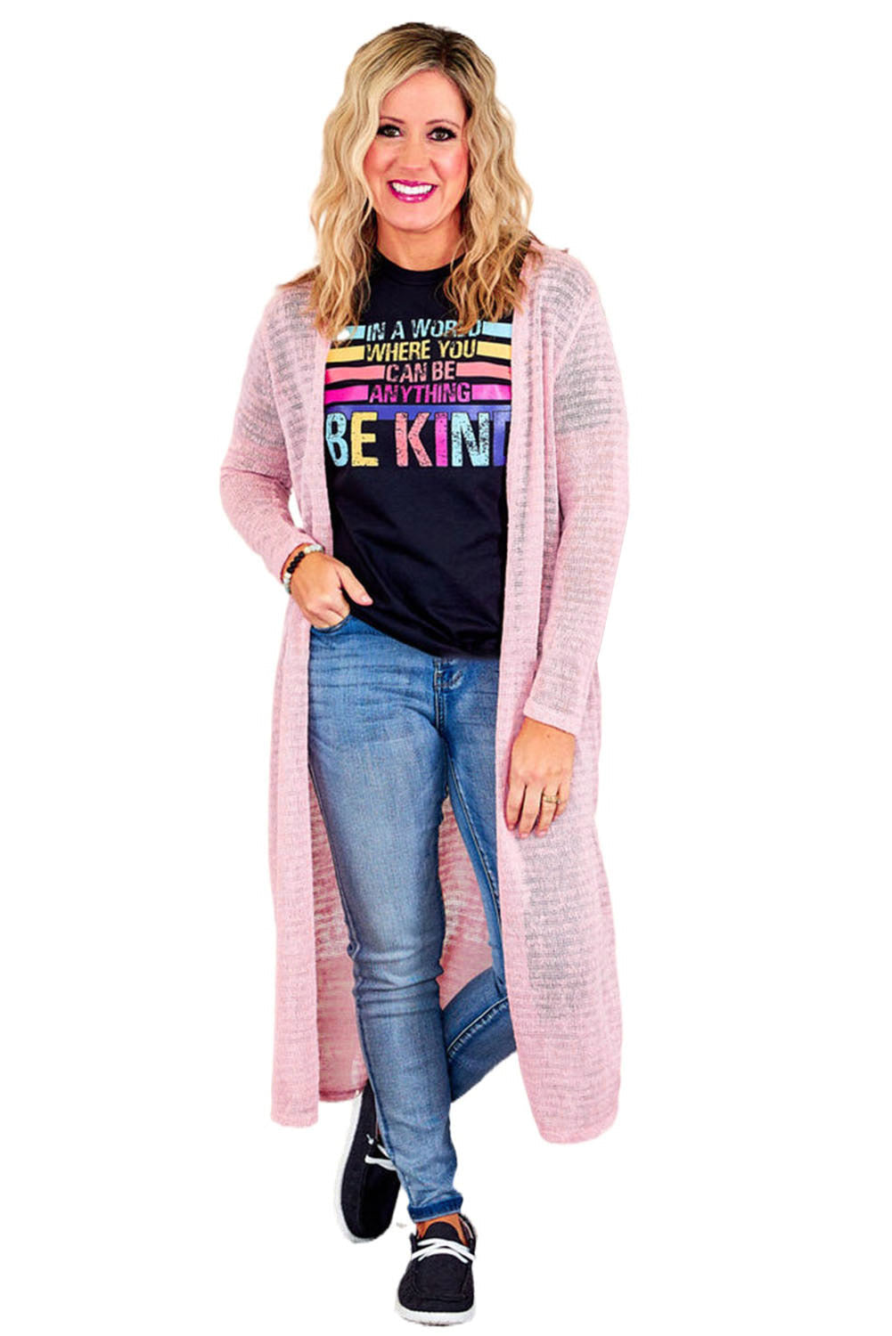Pink Sheer Knitted Long Side Slit Plus Size Cardigan