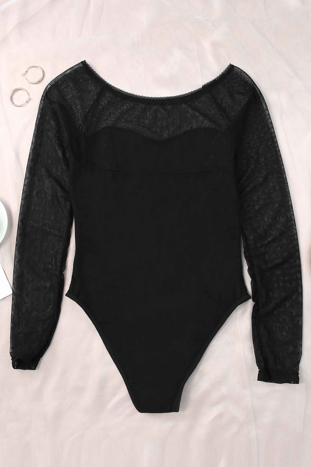 Black Dotty Mesh Overlay Long Sleeve Bodysuit