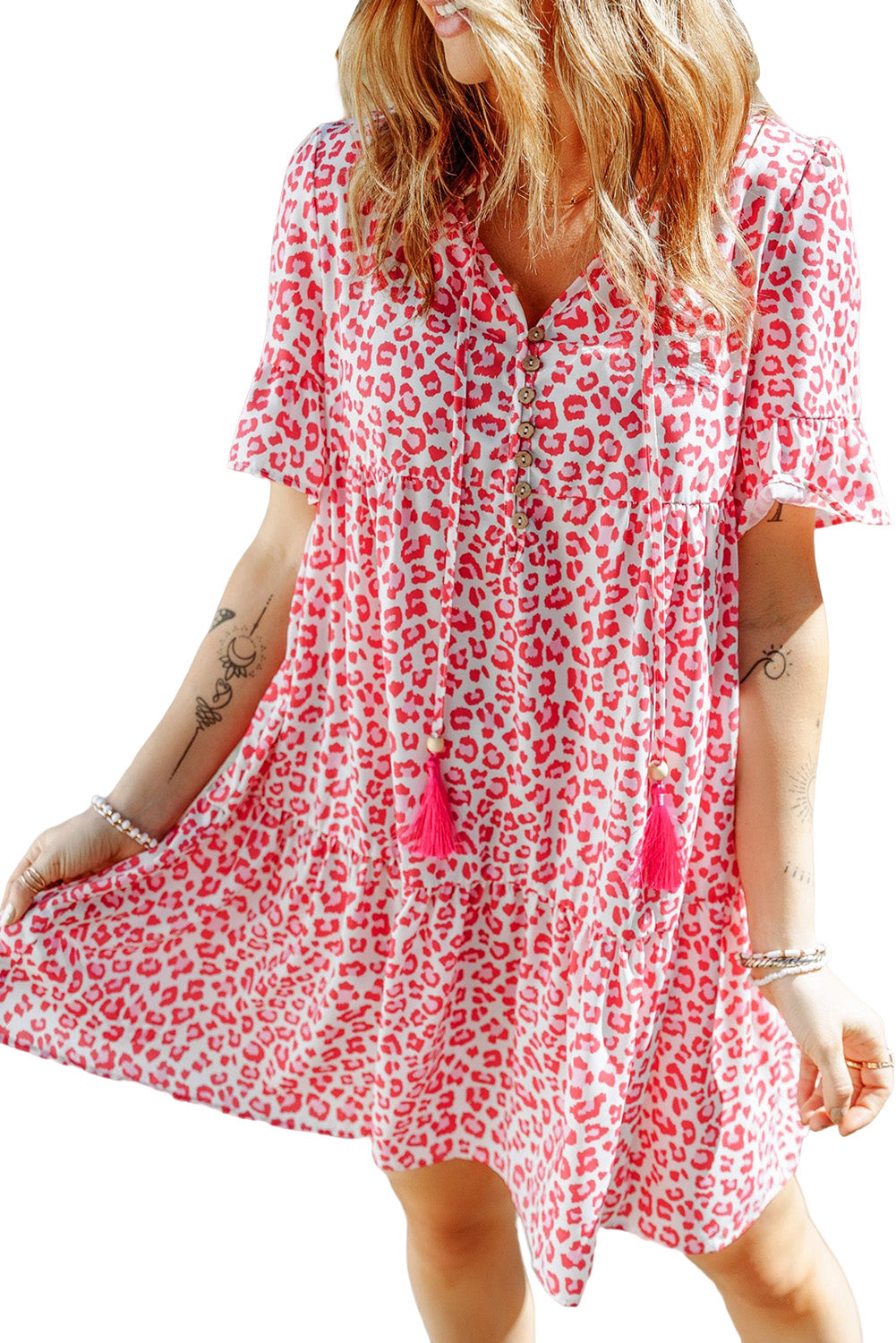 Pink Flutter Sleeve Leopard Short Dress