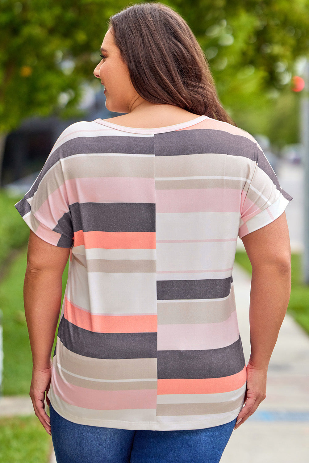 Stripe Plus Size Striped Colorblock Print T-shirt