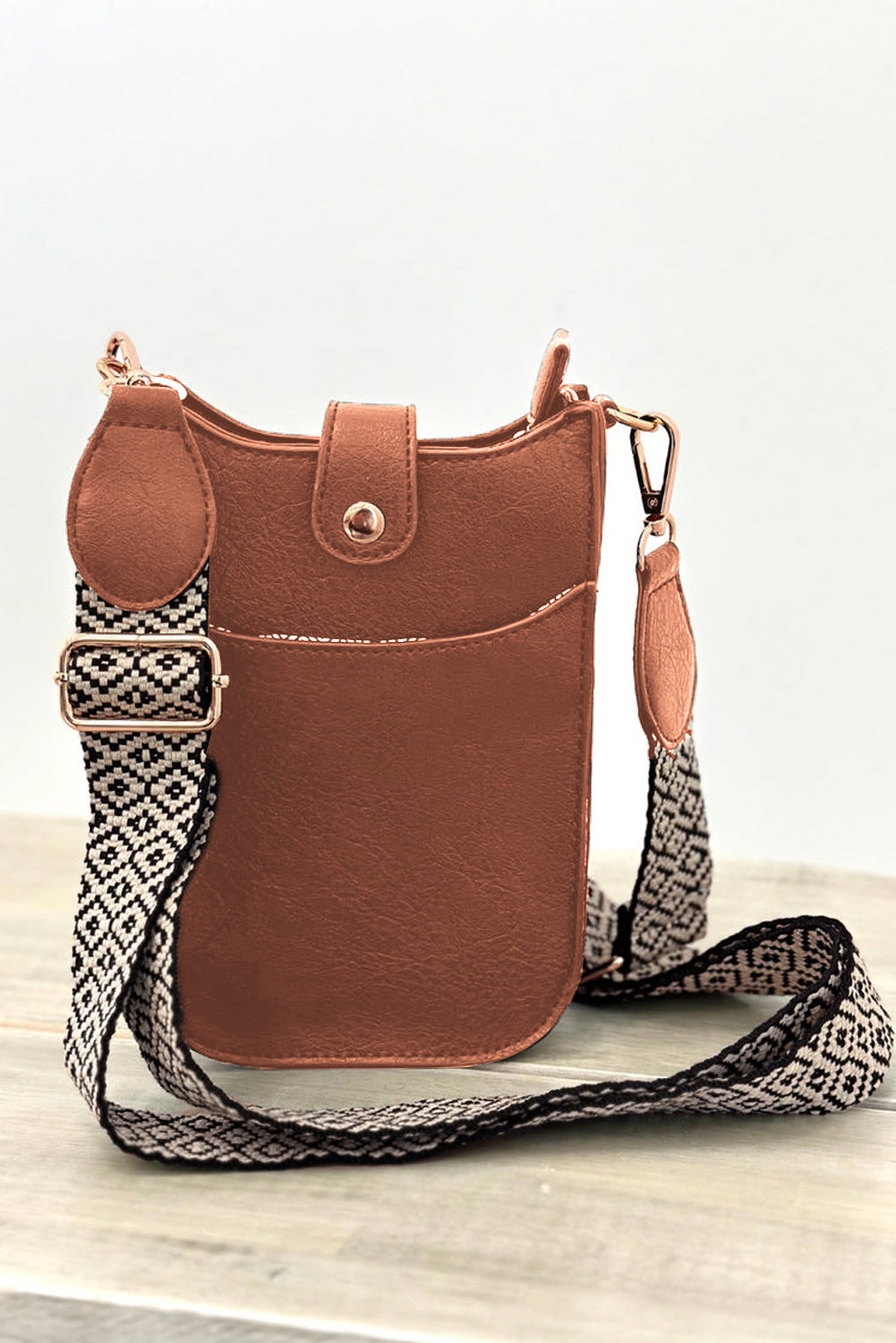 Coffee Geometric Strap PU Leather Crossbody Bag