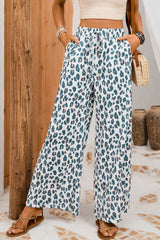 White Leopard Print Pocketed Wide Leg Pants