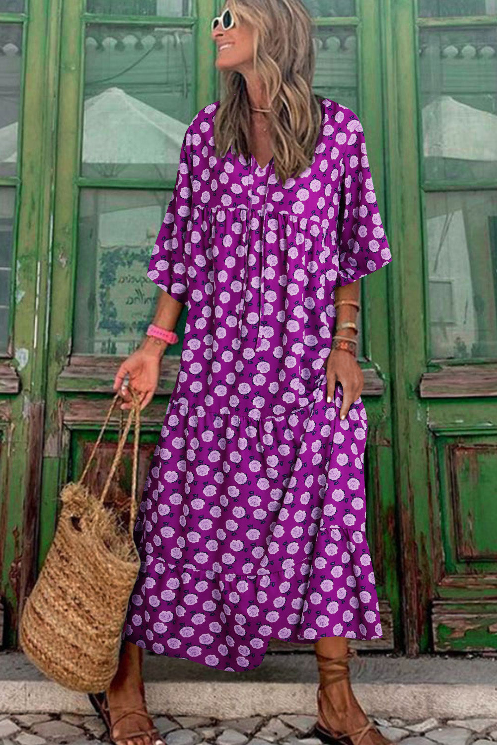 Purple Boho Printed Puff Sleeve Maxi Dress
