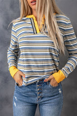 Striped Knit Button Neck Long Sleeve Top