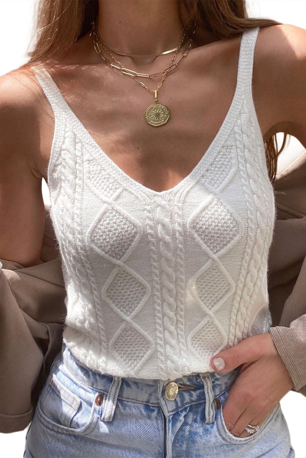 White Geometric Cable Knit Textured Tank Top