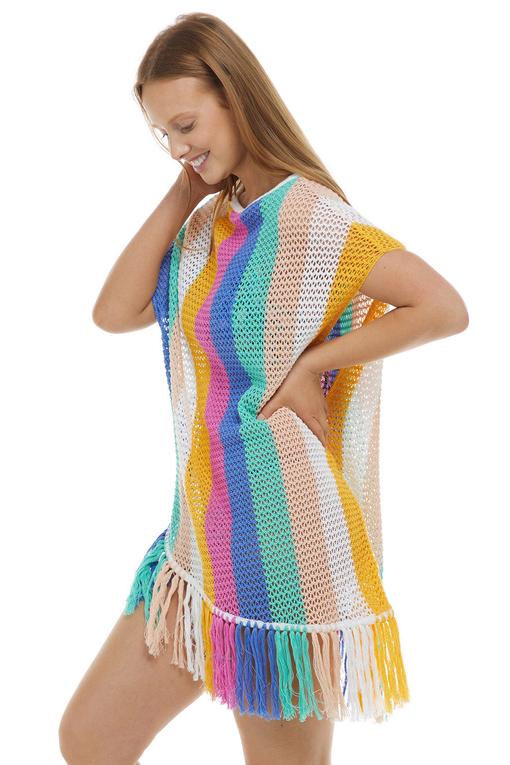 Multicolor Stripe Tasseled Crochet Beach Cover Up