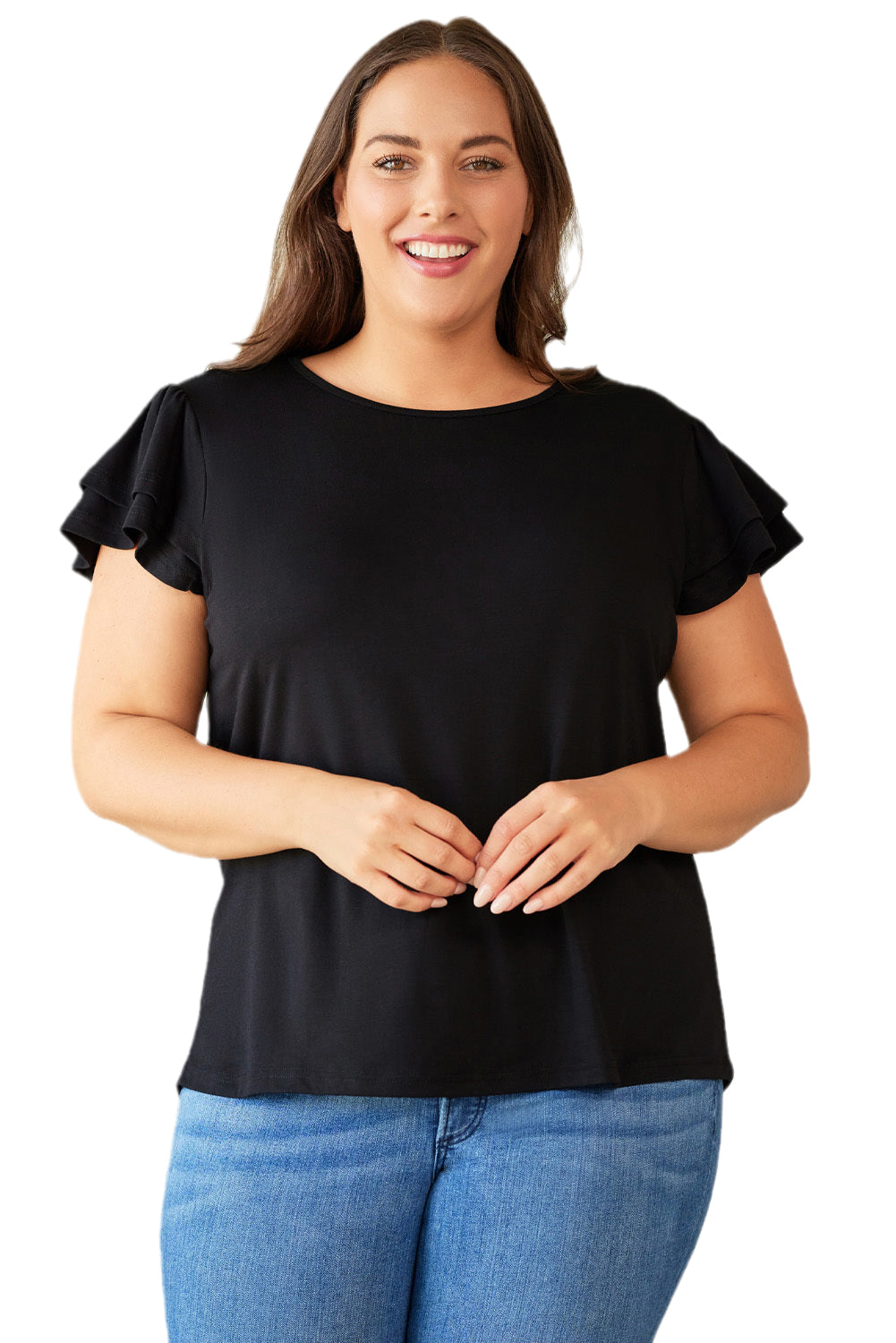 Black Plus Size Solid Color Ruffled Short Sleeve Top