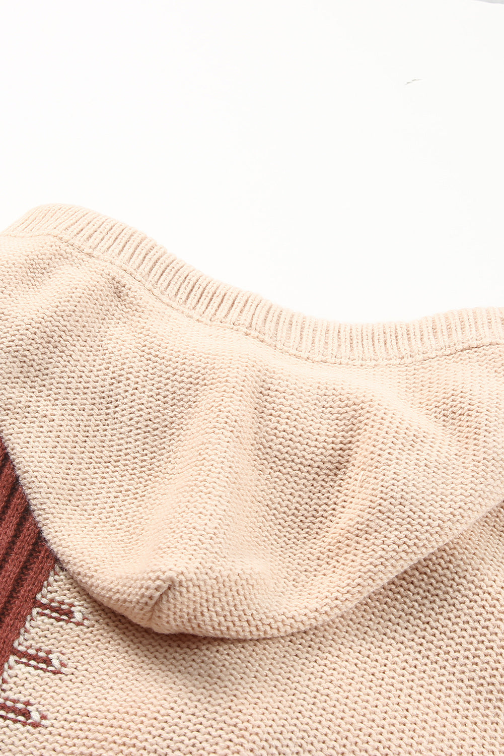 Khaki Color Block V-Neck Long Sleeve Relaxed Sweater