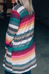 Multicolor Striped Print Long Sleeve Open Front Long Cardigan