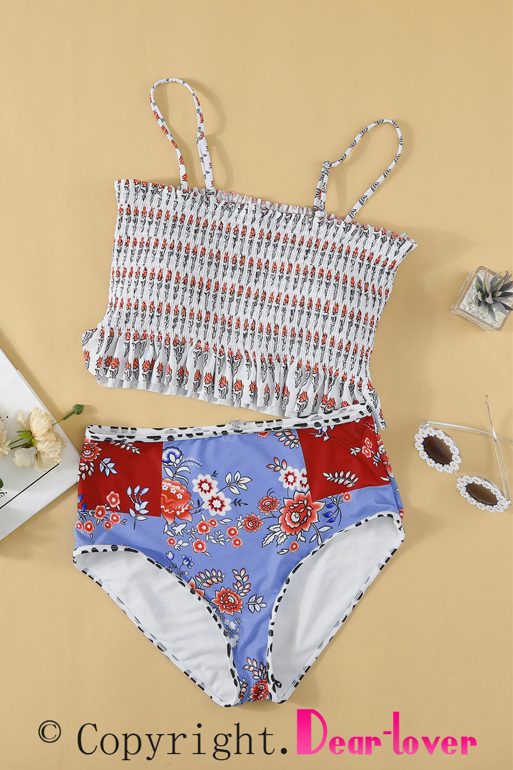 Blue Printed Smocked High waisted swimsuits