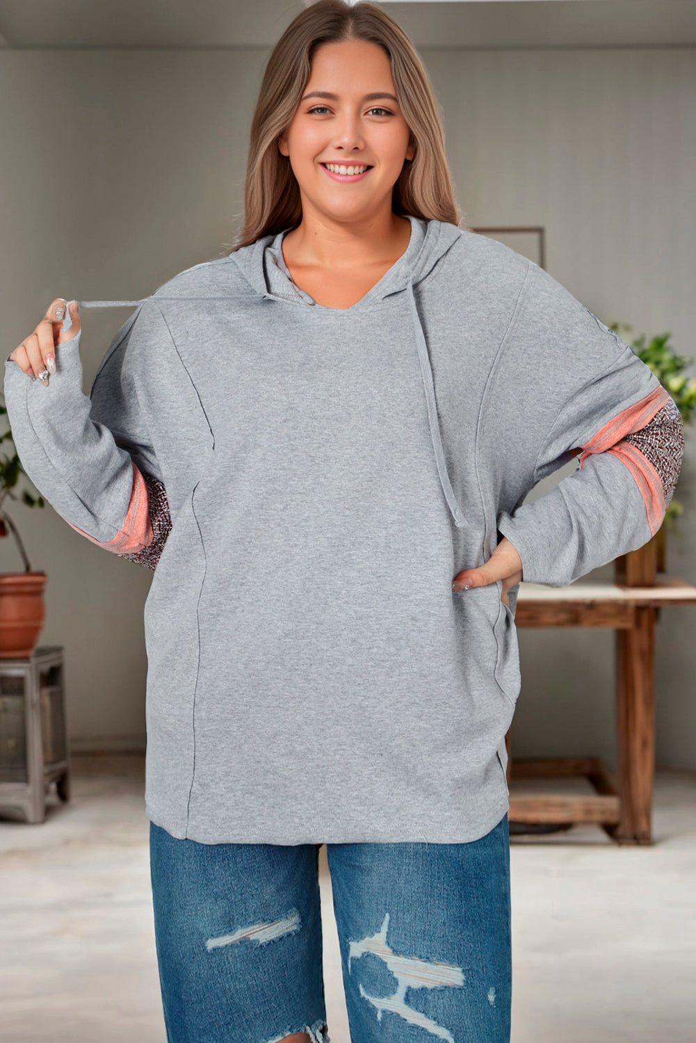 Gray Contrast Patched Sleeve Plus Size Hoodie