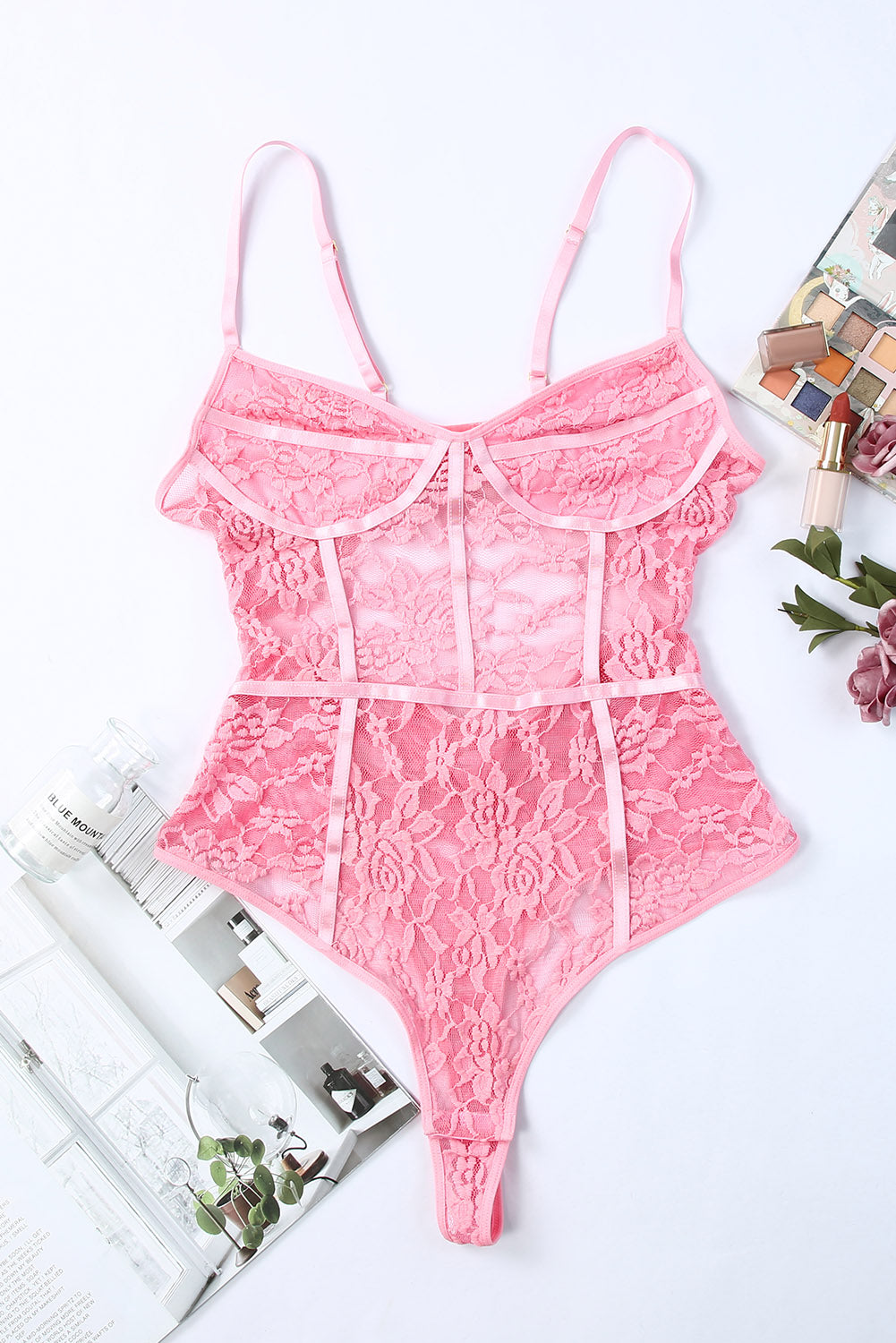 Pink Spaghetti Straps Floral Lace Crochet Teddy Lingerie
