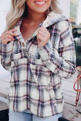 White Plaid Button Neck Pocketed Pullover Hoodie
