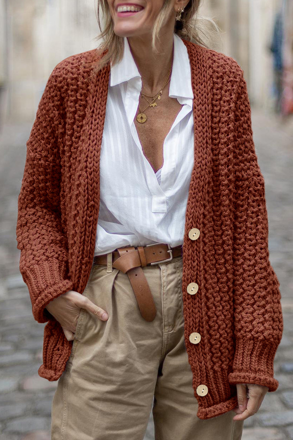 Red Sandalwood Vintage Cable Knit Button Front Cardigan