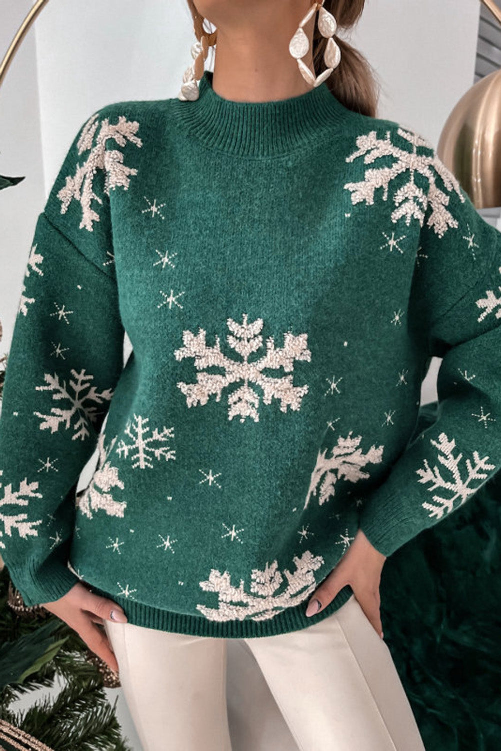 Blackish Green Christmas Snowflake Mock Neck Sweater