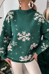 Blackish Green Christmas Snowflake Mock Neck Sweater