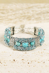 Green Western Turquoise Beads Rhinestone Carved Bracelet