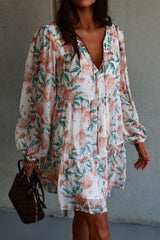 White Loose Bubble Sleeves Floral Print Dress