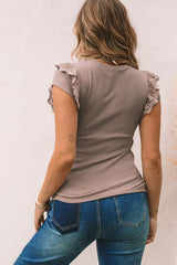 Khaki Lace Patchwork Ribbed Slim Fit Short Sleeve T Shirt