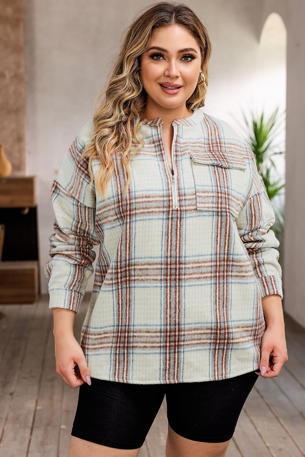 Beige Plus Size Plaid Half-Zipper Sweatshirt with Chest Pocket