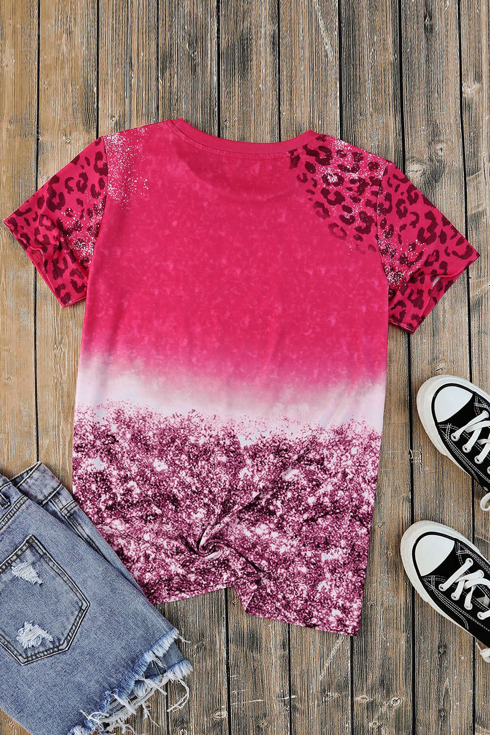 Pink Leopard Blank Bleached Graphic Print Short Sleeve T Shirt