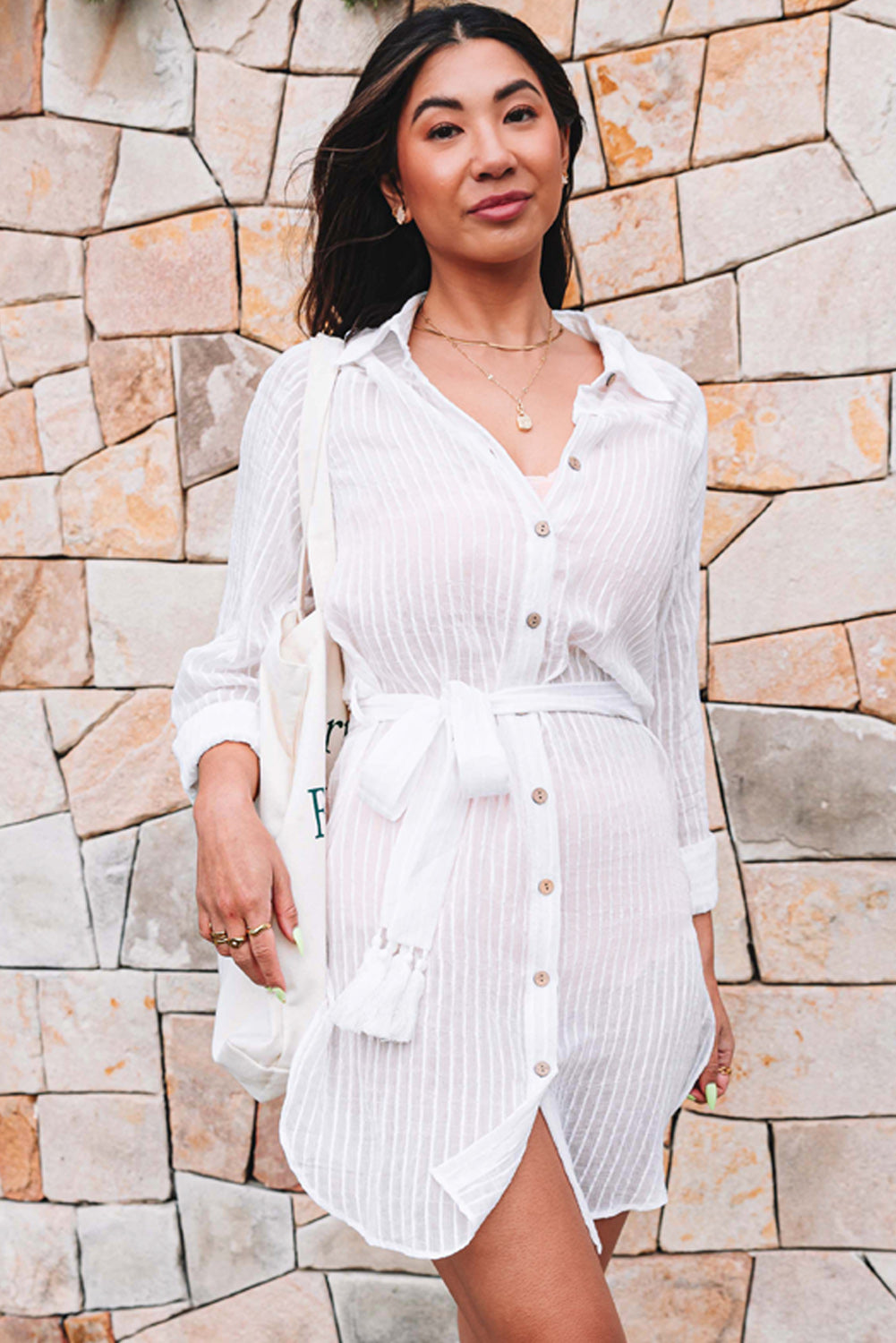 White Striped Shirt Dress Beach Cover up with Belt
