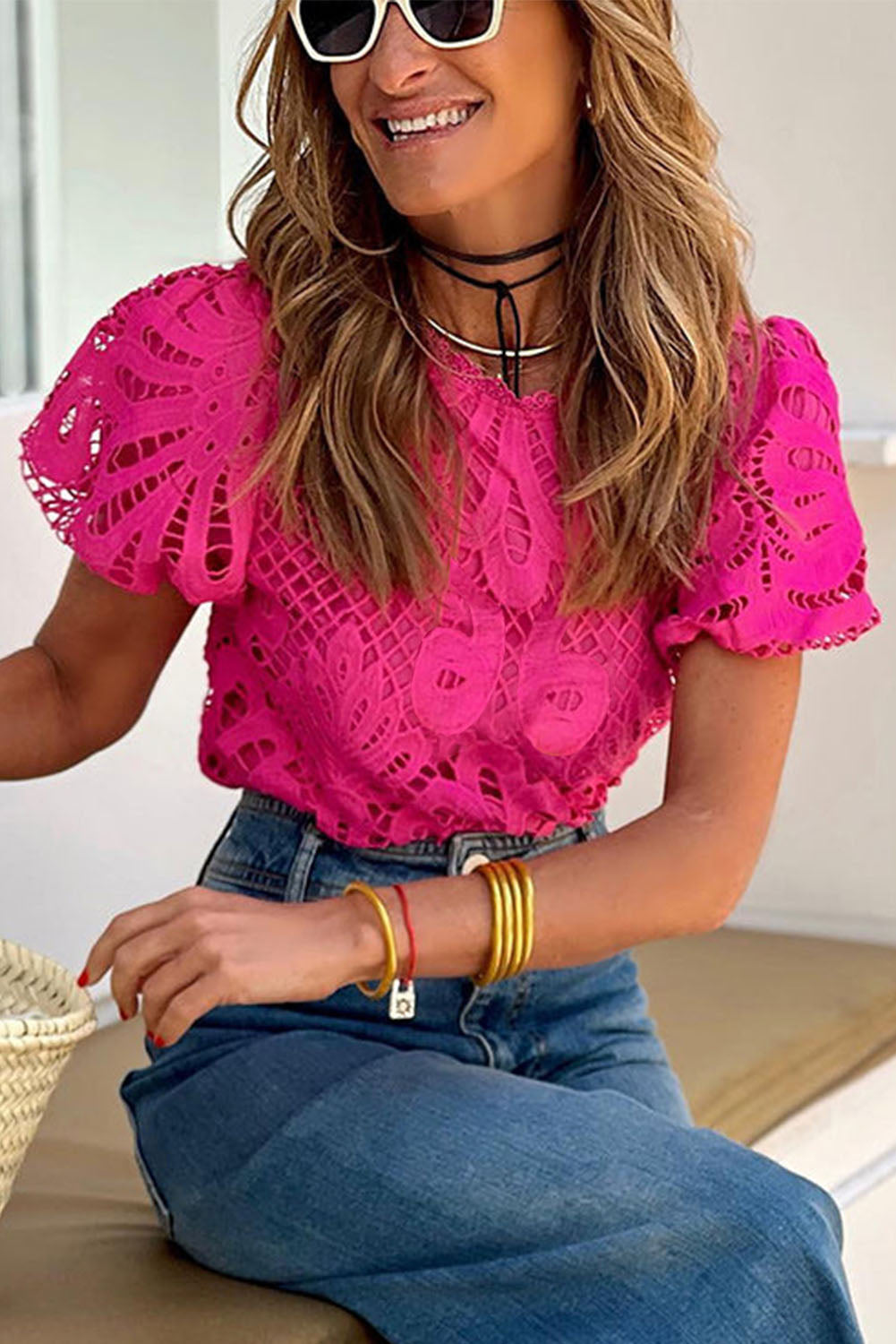 Rose Crochet Lace Hollowed Puff Sleeve Blouse