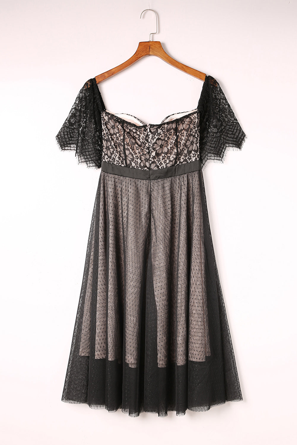 Black Dotted Lace Mesh Off Shoulder Dress