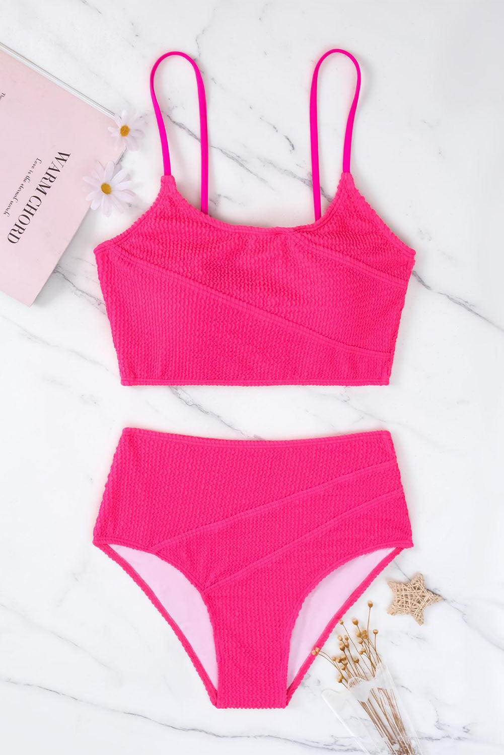 Rose Solid Color Ribbed Spaghetti Straps Bikini Set