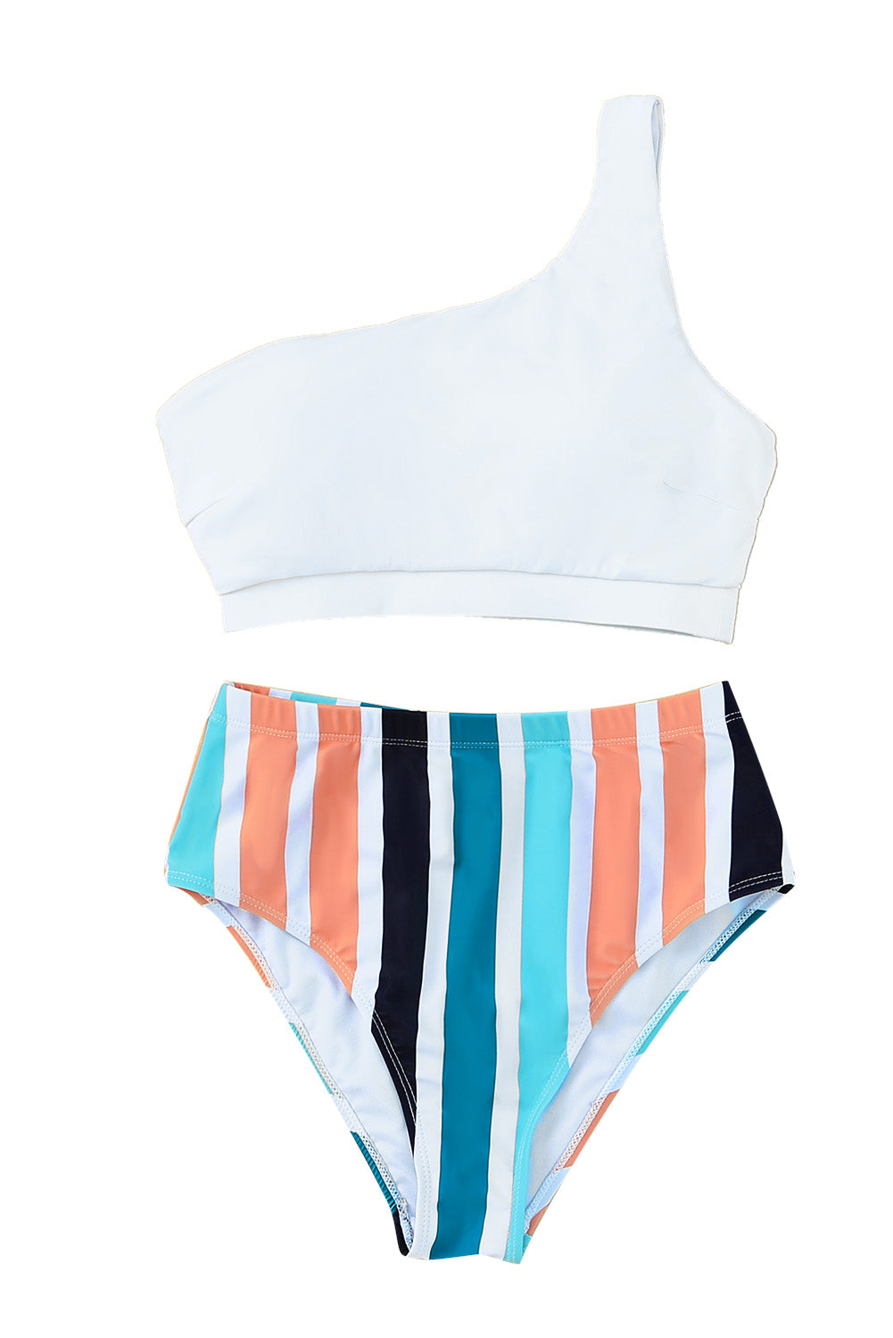 White One Shoulder Striped High Waist Two Pieces Swimsuit