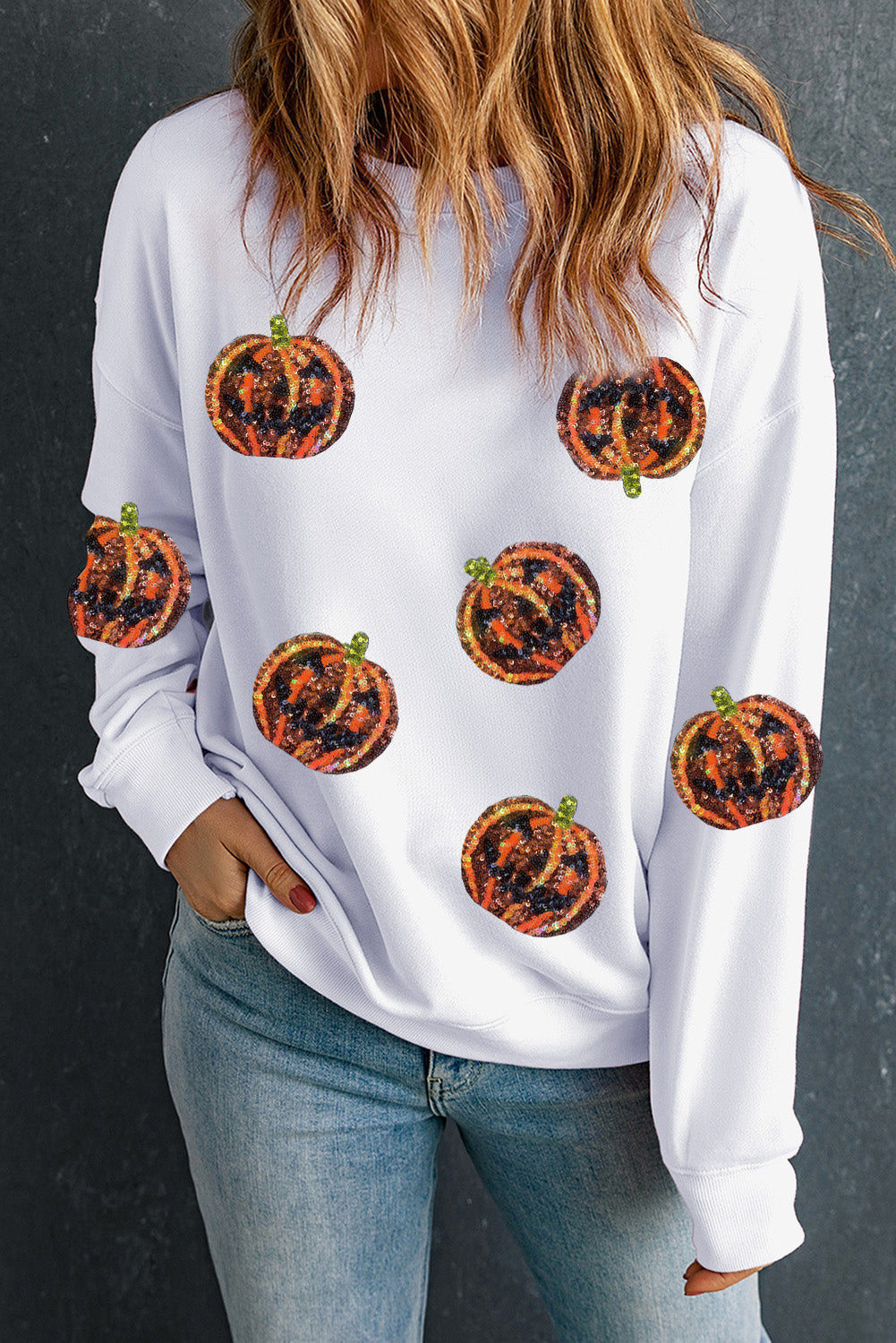 Black Sequin Halloween Pumpkin Graphic Pullover Sweatshirt