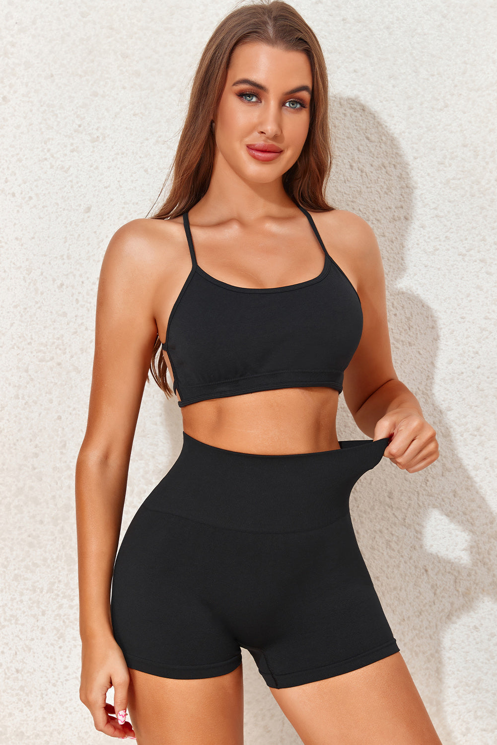 Black Strappy Yoga Bra and Crunched Shorts Set