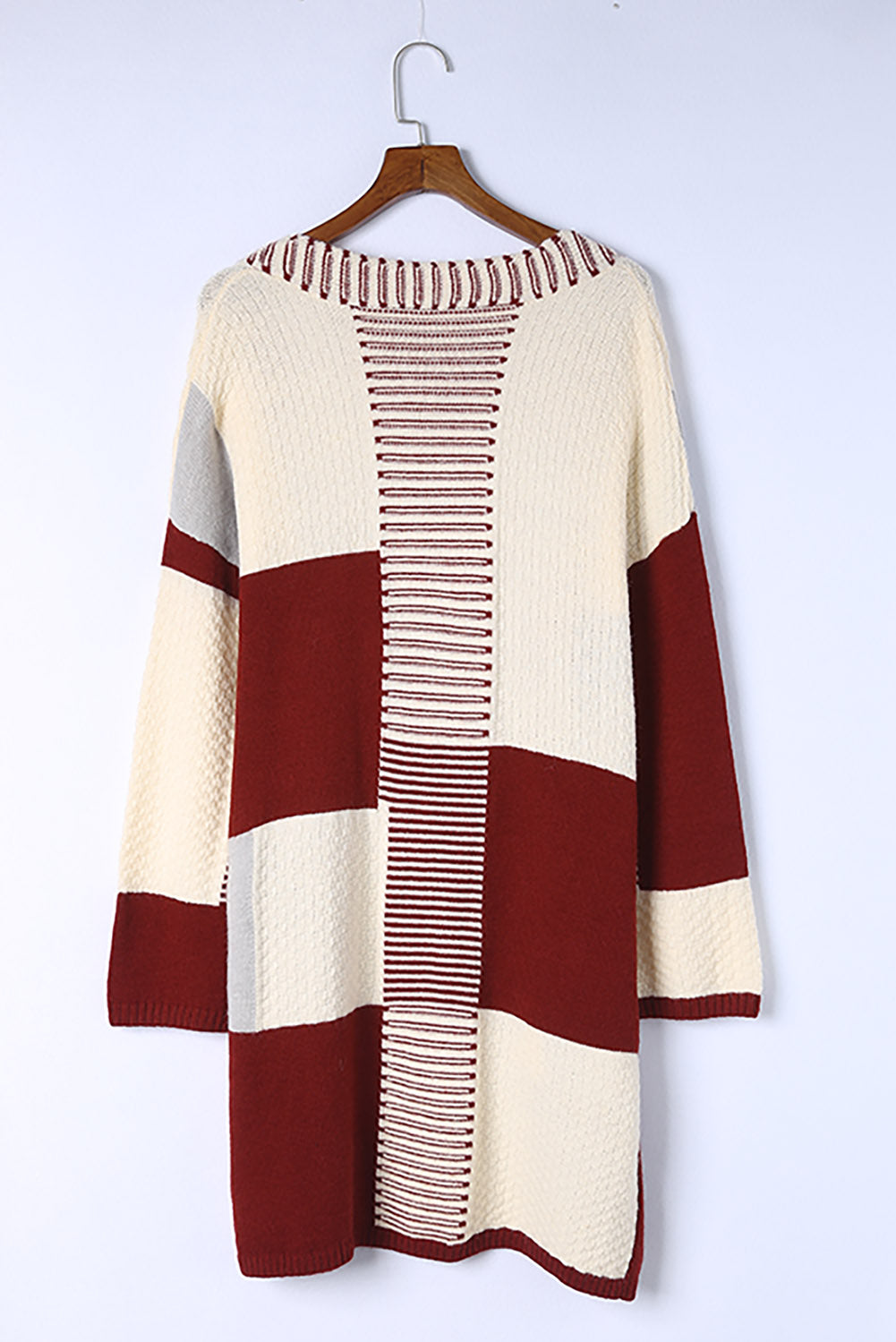 Red Chunky Block Pattern Knit Open Front Cardigan
