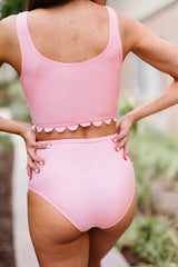Pink Solid Scallop Crop Mesh Stitching High Waist Bikini