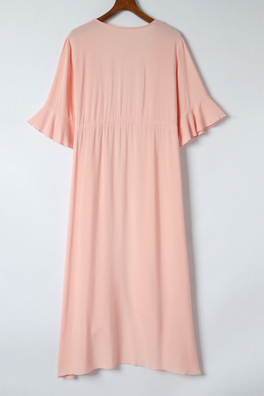 Pink Ruffle Half Sleeve Tie Front Flowy Beach Cover Up