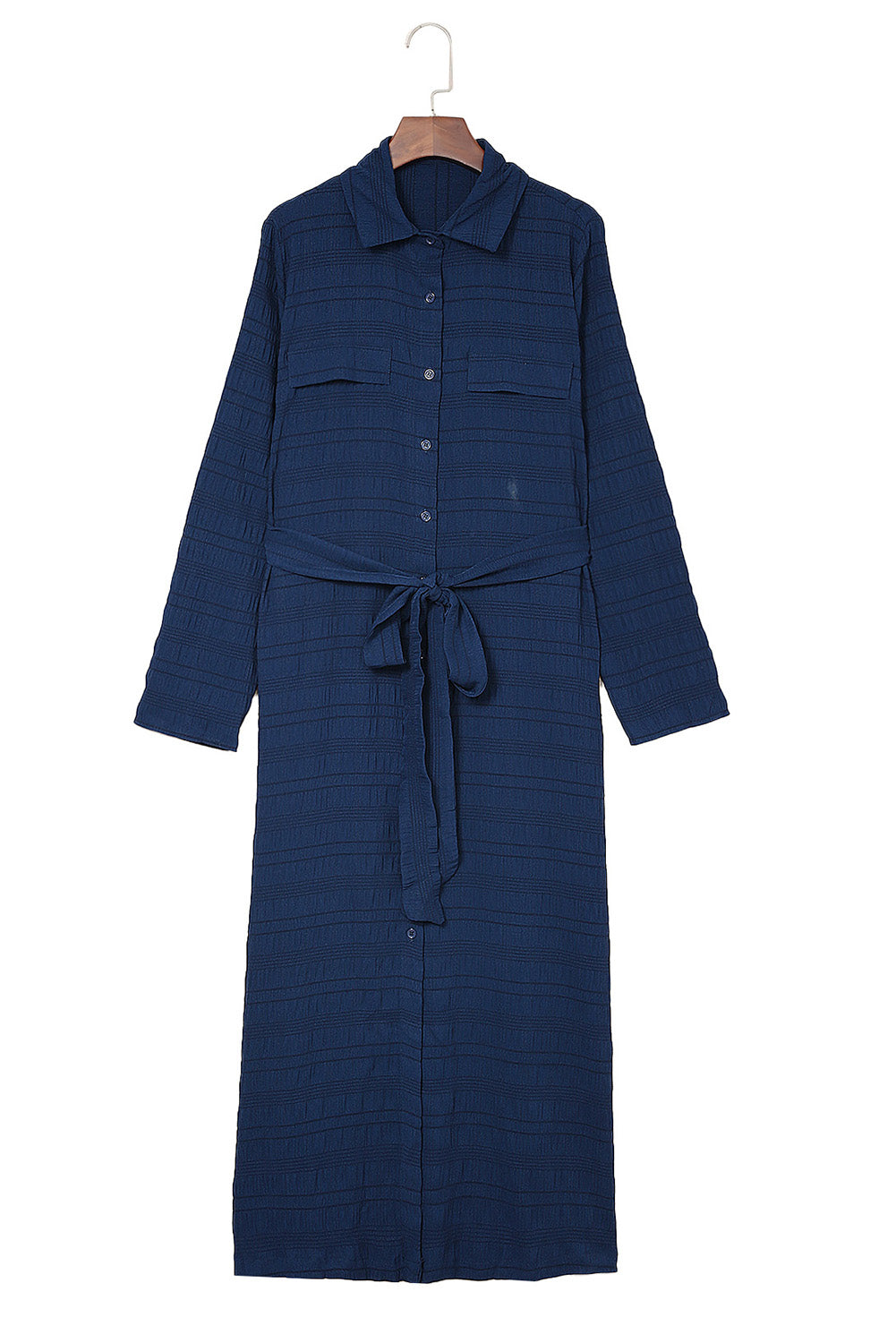 Blue Crinkle Textured Long Sleeve Shirt Dress with Belt