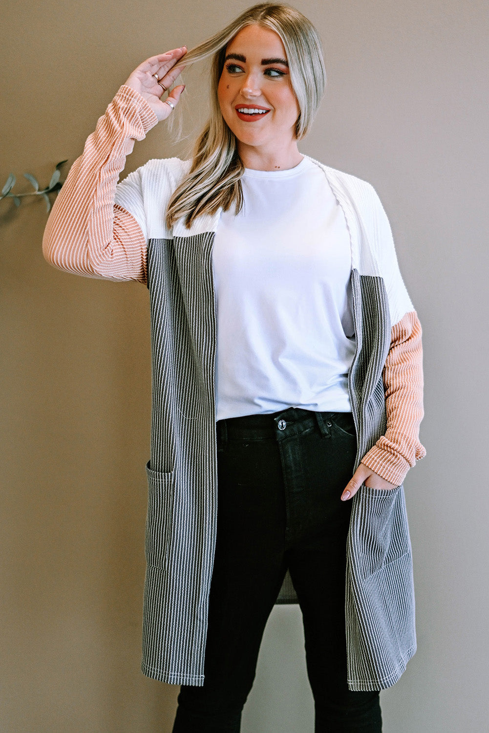 Gray Corded Colorblock Open Front Cardigan