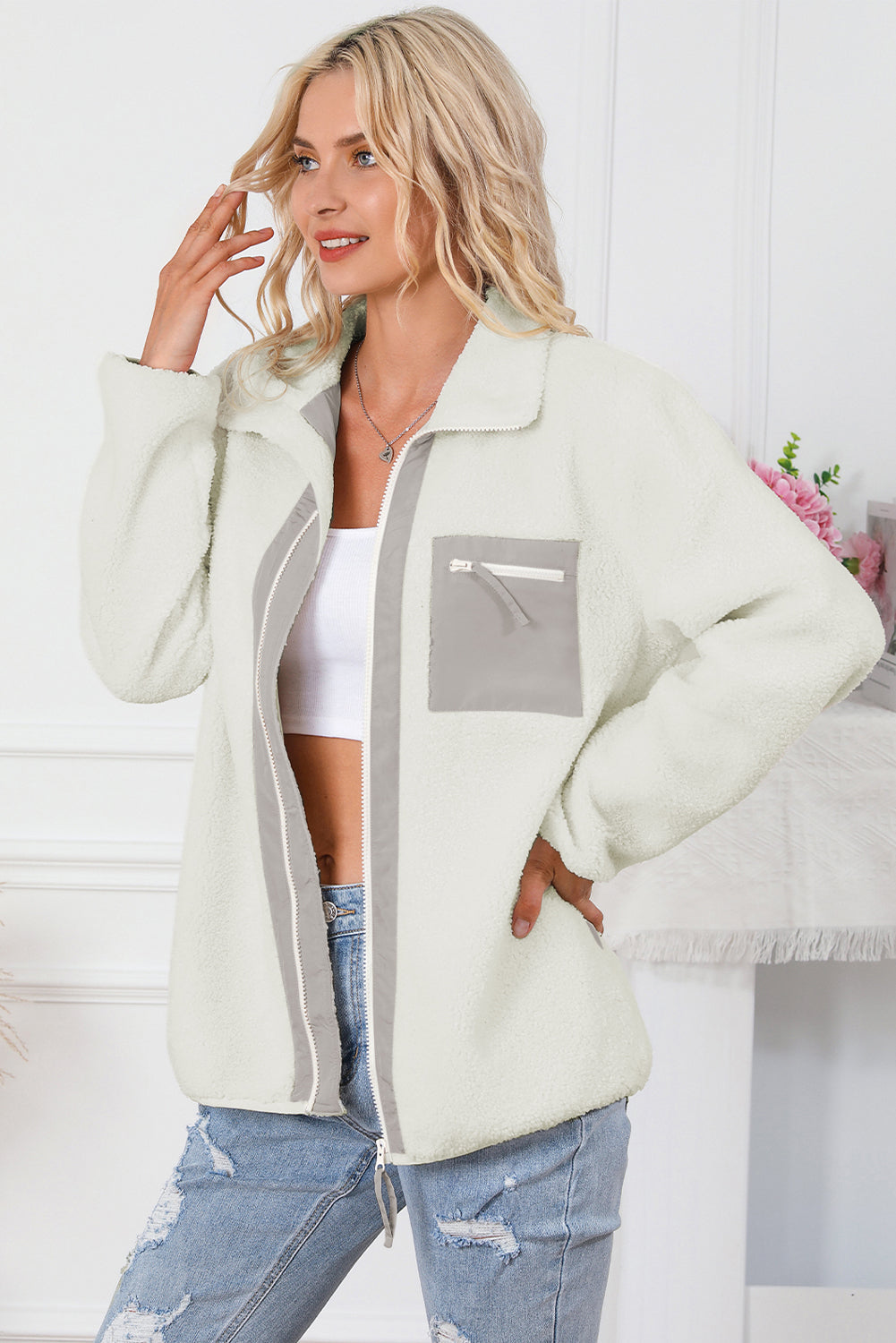 White Chest Pocket Full Zipper Fuzzy Fleece Jacket