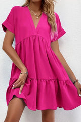 Rose Fresh and sweet V-neck solid color large swing casual skirt dress