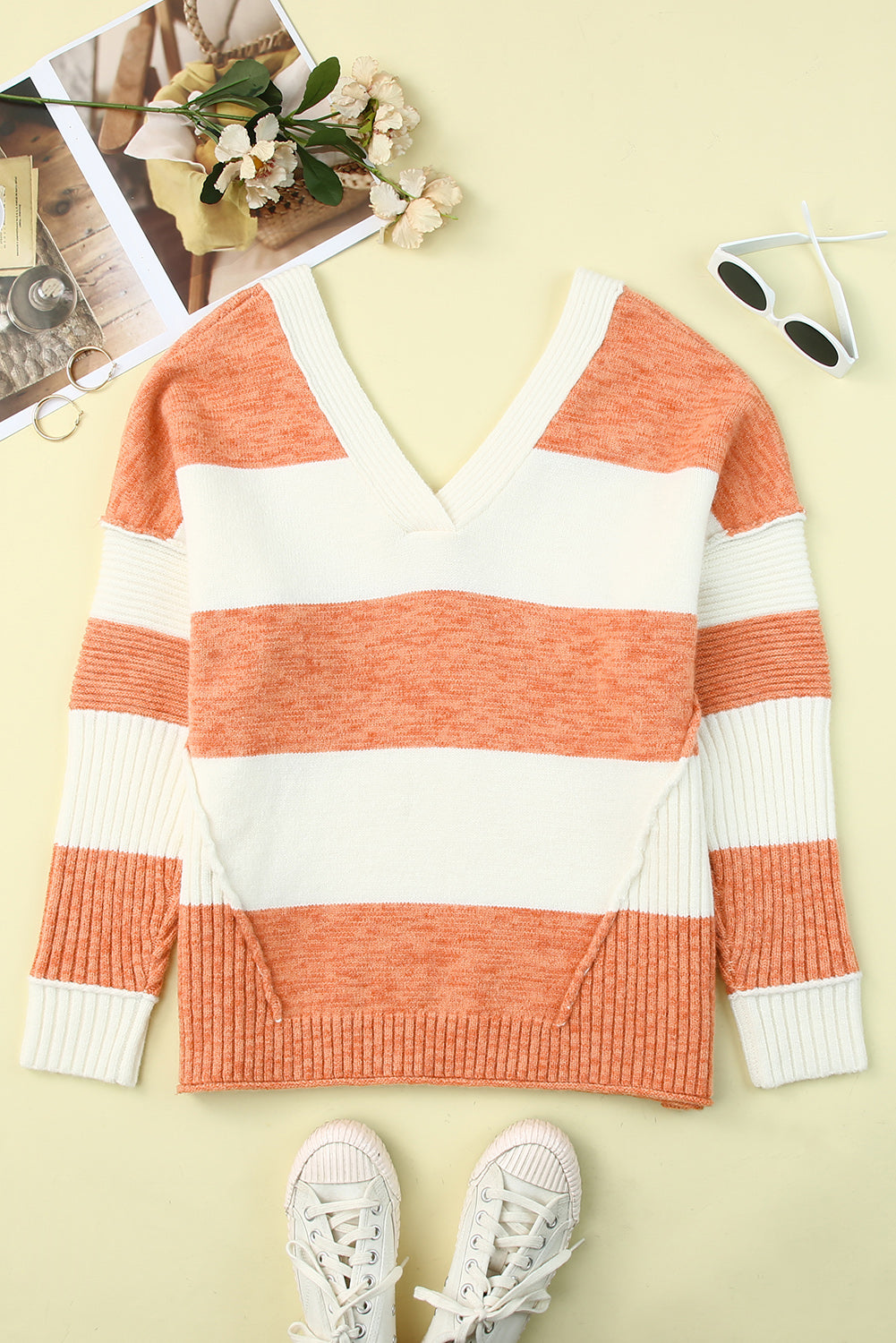 Stripe Striped V Neck Criss Cross Back Sweater