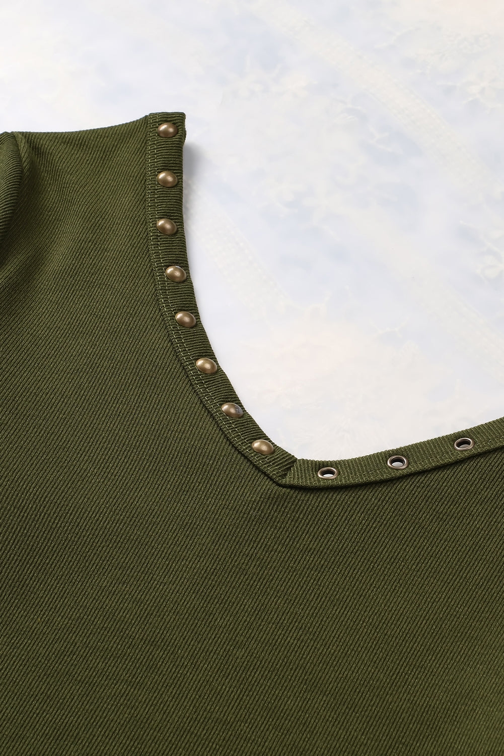 Green Studded Eyelet Neckline Ribbed Knit Long Sleeve Top
