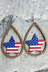Red American Flag Heart Shape Hollowed Wood Drop Earrings