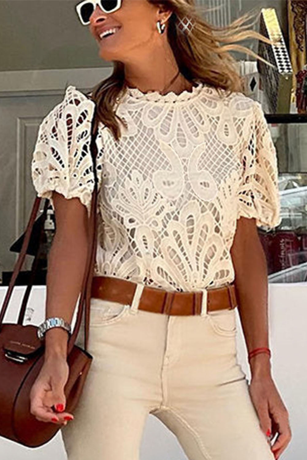 Rose Crochet Lace Hollowed Puff Sleeve Blouse