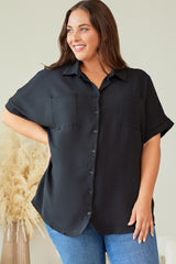 Black Plus Size Crinkle Textured Short Sleeve Shirt