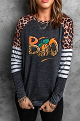 Black BOO Pumpkin Leopard Striped Long Sleeve T Shirt