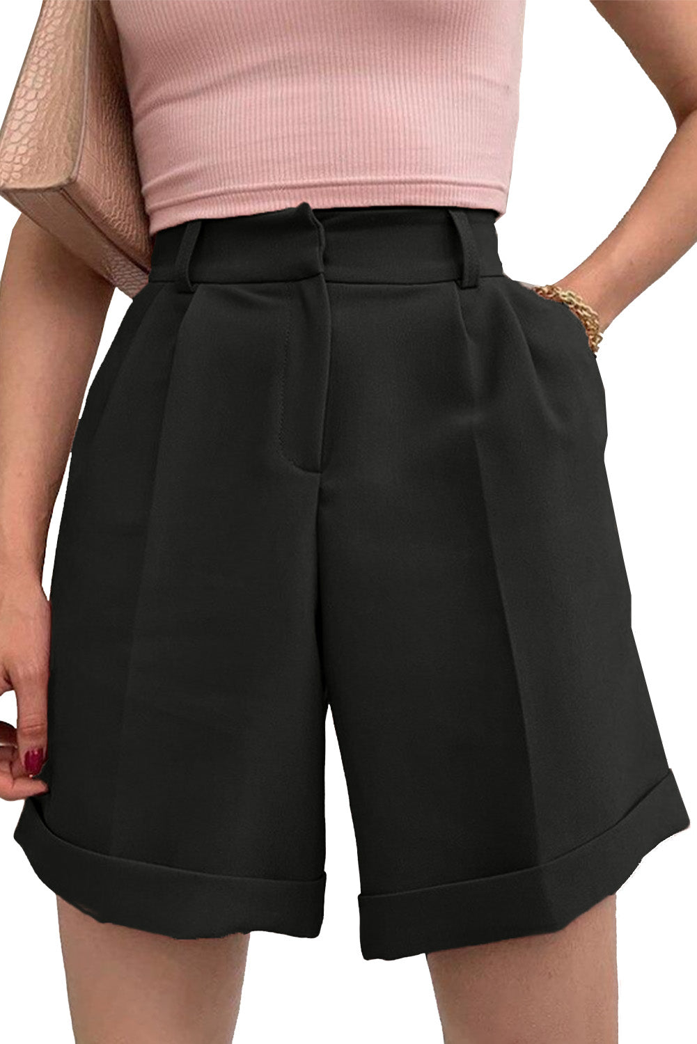 Black Casual Pocketed High Waist Bermuda Shorts