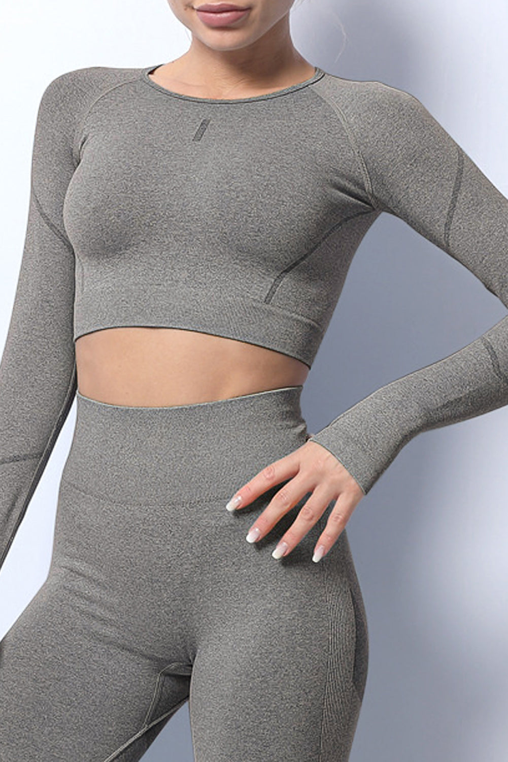 Gray Solid Color Long Sleeve Yoga Crop Top