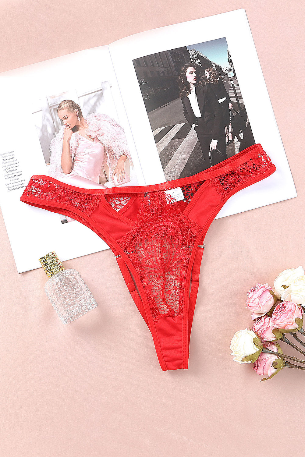 Red Adjustable Straps Hollow-out Lace Panty
